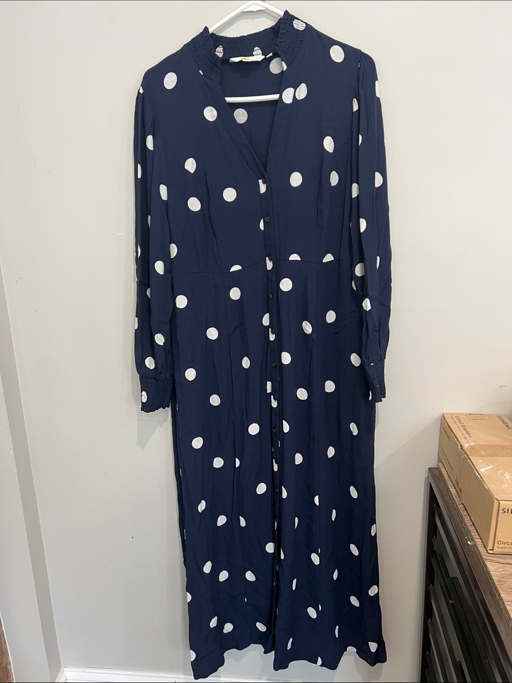 Boden Navy Blue Polka Dot Smocked Neck Dress womens 14 long dress